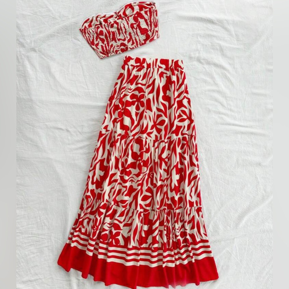 Floral Red and White maxi Skirt tube top cut out outfit set M (4/6) - Picture 3 of 5